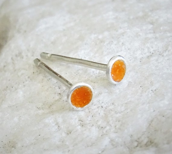 Orange Tiny Dot Studs Enamel Earrings | 3 Mm Cups Silver Amber Disc Studs For Men And Women