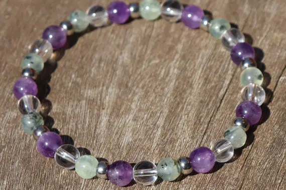 Meditation, Peace, Focus And Tranquility, Amethyst, Prehinite And Clear Quartz Healing Stone Bracelet Or Anklet With Positive Energy!