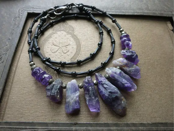Rough Amethyst Crystal Necklace, Rustic Raw February Birthstone Jewelry In Purple And Black