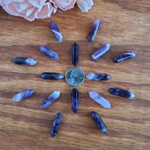 Small 1.25" Amethyst Double Terminated Crystal Wands, Bulk Lots Of Dt Points For Jewelry Making Or Crystal Grids