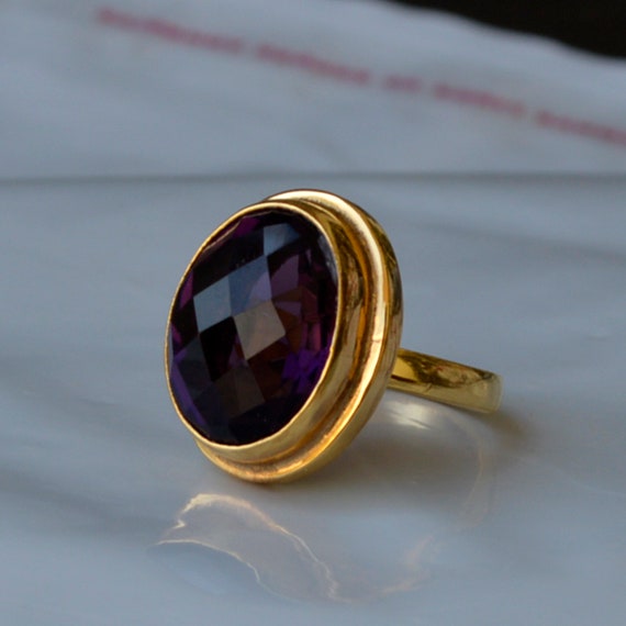 Checker Cut Amethyst Gemstone Ring, Sterling Silver Yellow Gold Ring, Artisan Gift Ring, Statement Ring ,february Birthstone Gift Ring