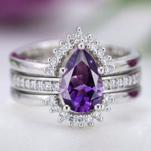 Vintage Amethyst Engagement Ring Set Pear Cut Amethyst Wedding Ring Set Art Deco Bridal Anniversary Ring Set Unique Promise Ring Set For Her | Natural genuine Array rings, simple unique alternative gemstone engagement rings. #rings #jewelry #bridal #wedding #jewelryaccessories #engagementrings #weddingideas #affiliate #ad