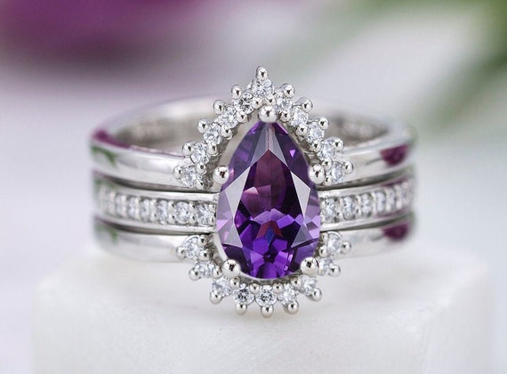 Vintage Amethyst Engagement Ring Set Pear Cut Amethyst Wedding Ring Set Art Deco Bridal Anniversary Ring Set Unique Promise Ring Set For Her