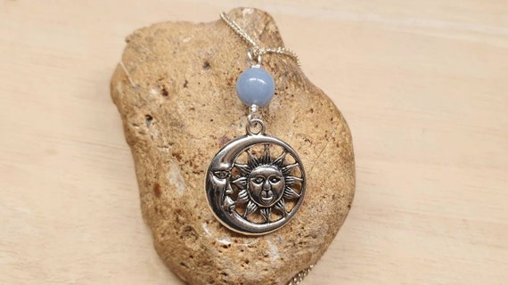 Crescent Moon Sun Necklace Angelite Pendant. Blue Reiki Jewelry Uk. Boho Hippie Necklaces For Women