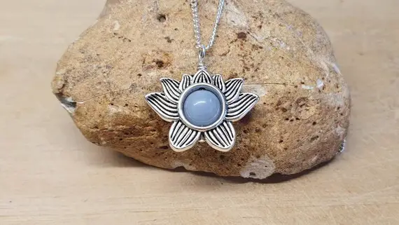 Angelite Lotus Pendant Necklace. Blue Reiki Jewelry Uk. Flower Necklace. Boho Hippie Necklaces For Women