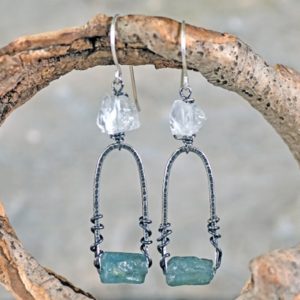 Raw Apatite and Quartz Earrings, Rustic Sterling Silver Rough Gemstone Dangles, Unique Artisan Crystal Wire Jewelry Handmade | Natural genuine Gemstone jewelry. Buy crystal jewelry, handmade handcrafted artisan jewelry for women.  Unique handmade gift ideas. #jewelry #beadedjewelry #beadedjewelry #gift #shopping #handmadejewelry #fashion #style #product #jewelry #affiliate #ad