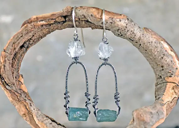 Raw Apatite And Quartz Earrings, Rustic Sterling Silver Rough Gemstone Dangles, Unique Artisan Crystal Wire Jewelry Handmade