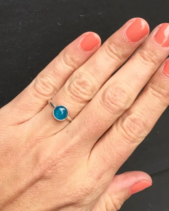 Elegant Minimalist Neon Bright Blue Apatite Sterling Silver Ring | Apatite Ring | Elegant Ring | Solitaire Silver Ring | Blue Gemstone Ring