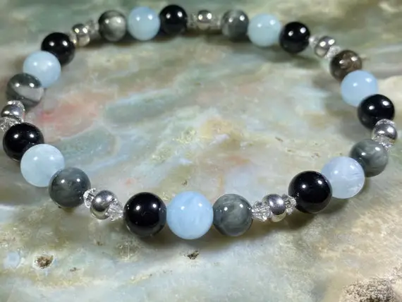 Aries Women's Power Healing Stone Bracelet Or Anklet With Aquamarine, Chrysoberyl And Black Tektite With Positive Healing Energy!