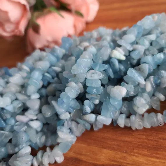 Natural Aquamarine Crystal Chip Bead Strand, 5 - 8 Mm Tumbled Nuggets With 1 Mm Hole