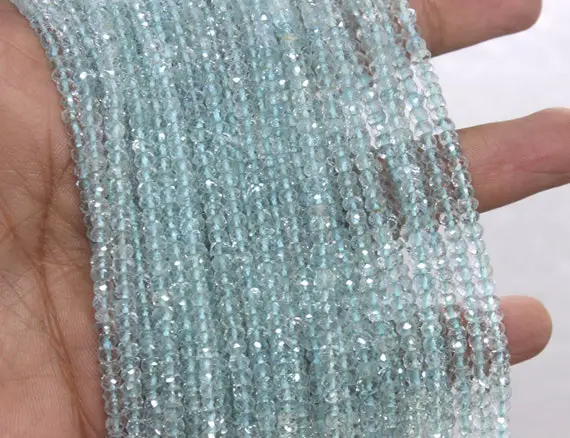 Fine Quality Natural Clear Blue Aquamarine Faceted Beads, Rondelle Faceted Beads Size 3.5-4 Mm Blue Aqua Beads Micro Faceted Jewelry Beads