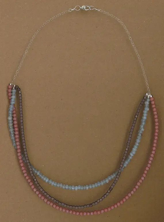 Aquamarine And Titanium Quartz Three Strand Necklace Handmade By Chris Hay