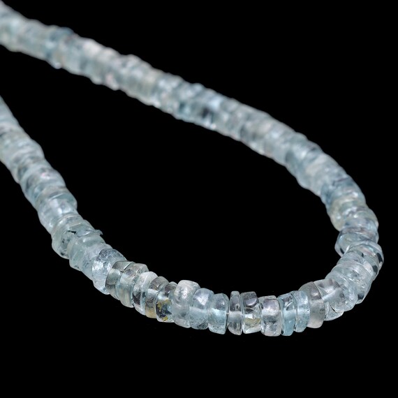 Natural Aquamarine 4mm-5mm Heishi Smooth Beads | 8inch Strand | Aquamarine Semi Precious Gemstone Loose Coin / Disc / Spacer Beads