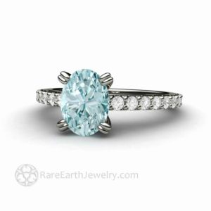 Aquamarine Engagement Ring Oval Cut Aquamarine Solitaire Ring Pave Diamond Double Prongs Solitaire Blue Gemstone Ring March Birthstone | Natural genuine Array rings, simple unique alternative gemstone engagement rings. #rings #jewelry #bridal #wedding #jewelryaccessories #engagementrings #weddingideas #affiliate #ad