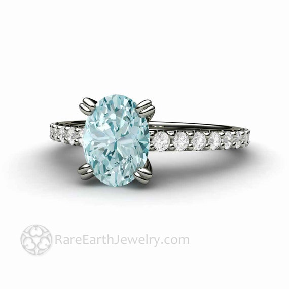 Aquamarine Engagement Ring Oval Cut Aquamarine Solitaire Ring Pave Diamond Double Prongs Solitaire Blue Gemstone Ring March Birthstone