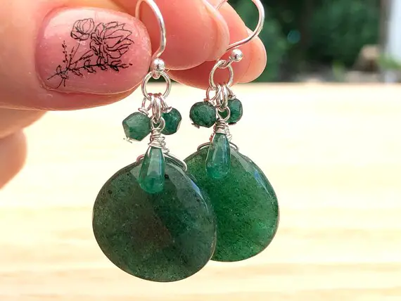 Green Aventurine Earrings Sterling Silver Wire Wrapped Natural Stones Bohemian Statement Cluster Dangle Drops Birthday Gift For Her 6353