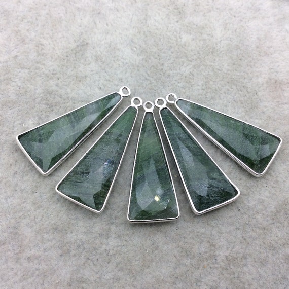 Green Aventurine Bezel | Silver Finish Faceted Triangle Shaped Copper Plated Pendant Component ~ 12mm X 30mm - Sold Individually