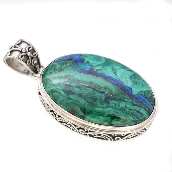 Azurite Pendant Ornate Setting 925 Sterling Silver Pendant One Of A Kind Unique Gift Beautiful Blue Green Stone Handmade Artisan Jewelry