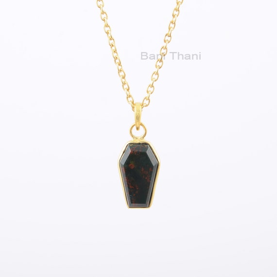 Beautiful Bloodstone Necklace, Bloodstone 10x17mm Coffin Shape Gemstone Necklace, 18k Gold Plated 925 Silver Necklace, Women's Gift Necklace