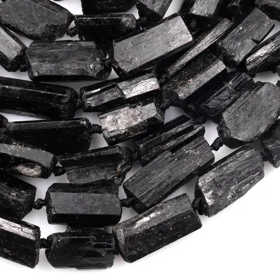 Drilled Raw Rough Natural Black Tourmaline Beads Nugget Gemstones Tube Stick Superior Quality 15.5" Strand