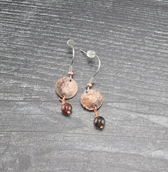 Textured Copper And Bloodstone Earrings