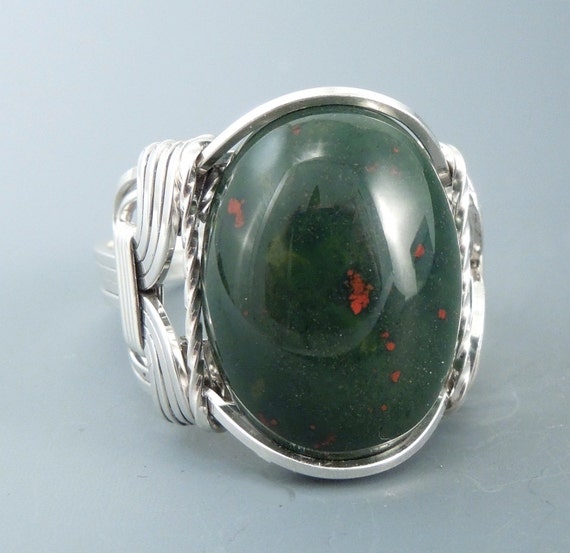 Sterling Silver Heliotrope Bloodstone Wire Wrapped Ring