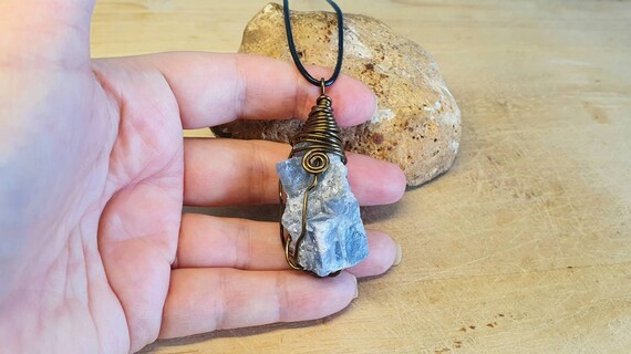Mens Raw Blue Calcite Pendant. Unisex Raw Crystal Necklace. Reiki Jewelry Uk. Wire Wrapped Pendant