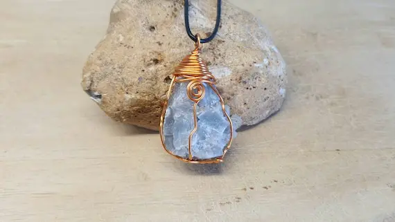Raw Blue Calcite Pendant. Raw Crystal Necklace. Reiki Jewelry Uk. Silver Plated Wire Wrapped Pendant