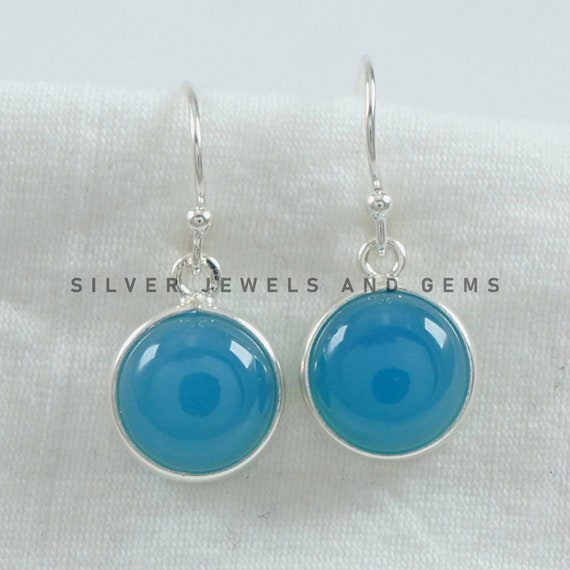 Blue Chalcedony Earrings, 925 Sterling Silver Earring, Round Gemstone Earrings, Gift For Sister, Handmade Earrings, Sagittarius Birthstone