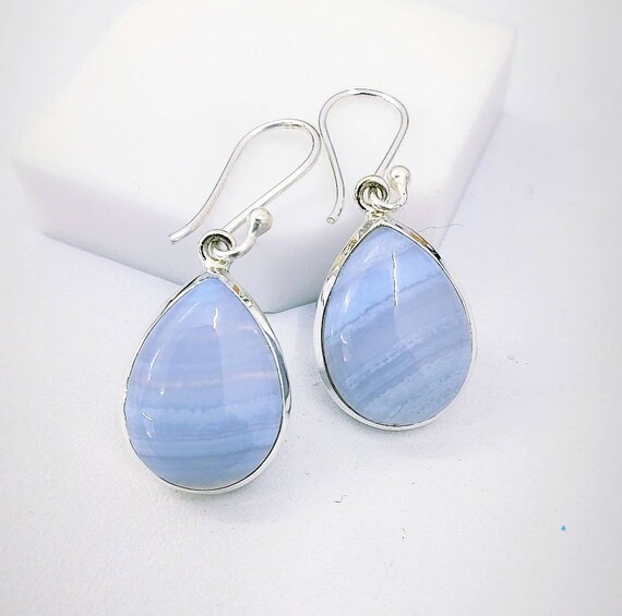 Beautiful Blue Lace Agate Earring, 925 Sterling Silver, Sky Blue Stone, Valentine's Gift, Anniversary Gift, Gift For Her. Free Shipping.