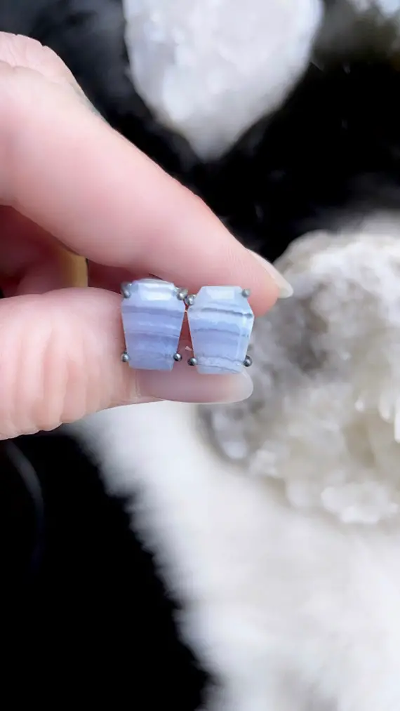 Blue Lace Agate Coffin Earrings, Stud Earrings