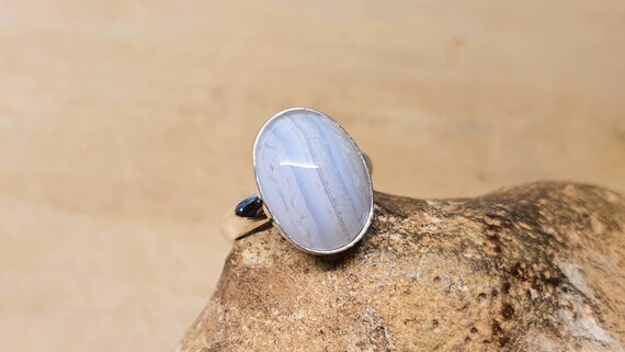 Simple Oval Blue Lace Agate Ring. 925 Sterling Silver Adjustable Ring. Reiki Jewelry. Pisces Jewelry. Women's Gemstone Ring. 14x10mm Stone