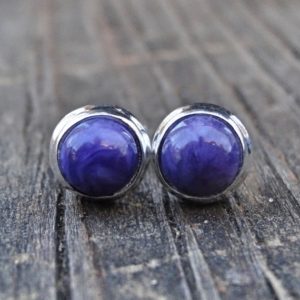 7mm 925 Silver Purple Charoite Stud Earrings, Sterling Silver Round Natural Charoite gemstone Studs, Natural stone Earrings Dainty Round | Natural genuine Array jewelry. Buy crystal jewelry, handmade handcrafted artisan jewelry for women.  Unique handmade gift ideas. #jewelry #beadedjewelry #beadedjewelry #gift #shopping #handmadejewelry #fashion #style #product #jewelry #affiliate #ad