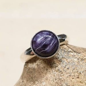 Shop Charoite Rings! Minimalist Purple Charoite ring. 925 sterling silver rings for women. Reiki jewelry. Violet Flame ring. Adjustable ring uk. 8mm stone | Natural genuine Charoite rings, simple unique handcrafted gemstone rings. #rings #jewelry #shopping #gift #handmade #fashion #style #affiliate #ad