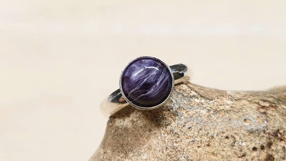 Minimalist Purple Charoite Ring. 925 Sterling Silver Rings For Women. Reiki Jewelry. Violet Flame Ring. Adjustable Ring Uk. 8mm Stone
