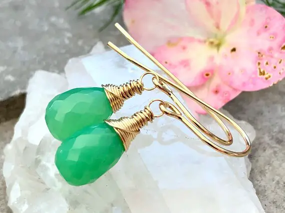 Chrysoprase Earrings Gold Filled Wire Wrapped Natural Green Gemstone Simple Minimalist Dainty Dangle Drops Birthday Gift For Her Women 6477