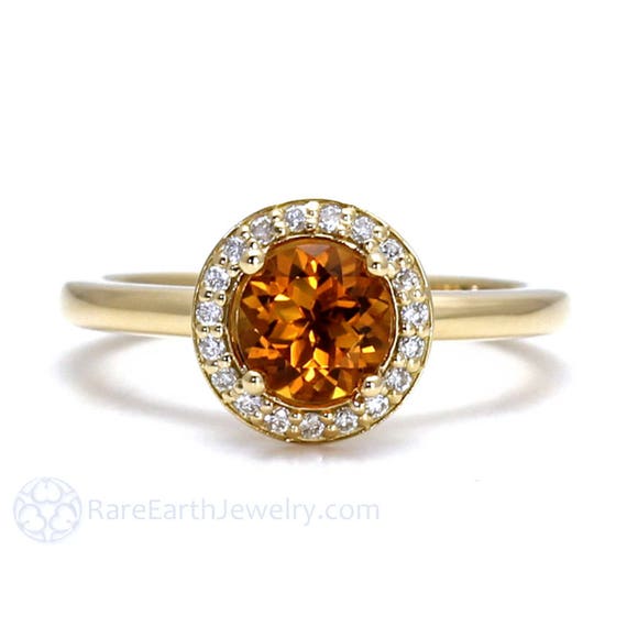 Natural Citrine Ring With Diamonds Round Citrine Engagement Ring Yellow Orange Stone November Birthday Gift Or Push Present 14k 18k Platinum