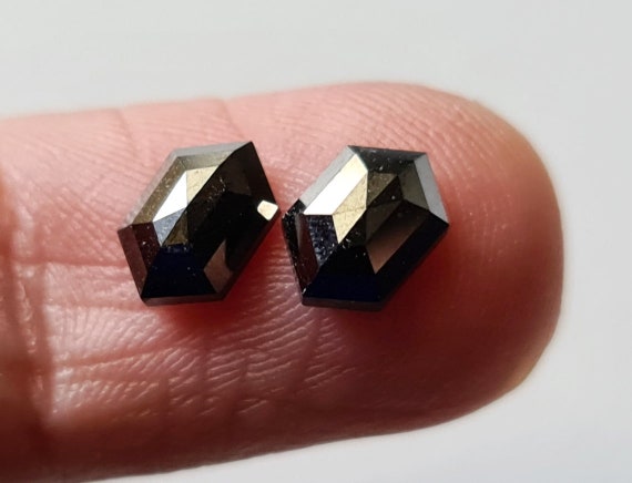 1.80 Cts Flat Back Faceted Black Diamond, Matched Pair 7.5x5mm, Black Long Hexagon Shaped Diamond, Rare Rose Cut Diamond For Earrings-pdd97