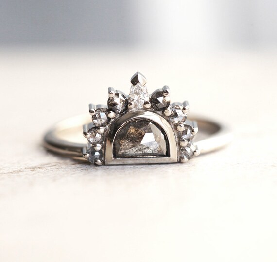 Half Moon Diamond Ring, Celestial Diamond Engagement Ring, Salt Pepper Engagement Ring, Unique Diamond Wedding Ring