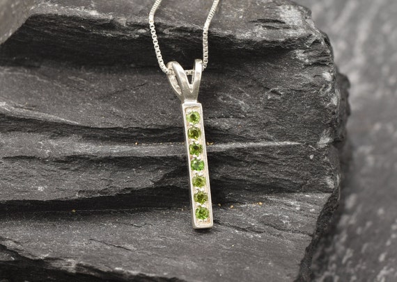 Green Silver Necklace, Natural Chrome Diopside, Emerald Green Necklace, Layering Pendant, Lined Stones Pendant, Gift For Her, Adina Stone