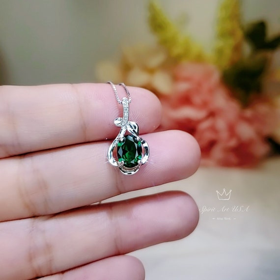 Green Emerald Necklace Sterling Silver Flower Of Life Pendant , White Gold 18kgp Oval Cut Box Chain Emerald Jewelry 077