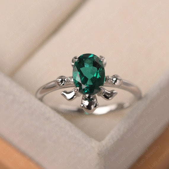 Unique Turtle Engagement Ring, Oval Cut Emerald Ring, 14k Rose Gold,sterling Silver, May Birthstone
