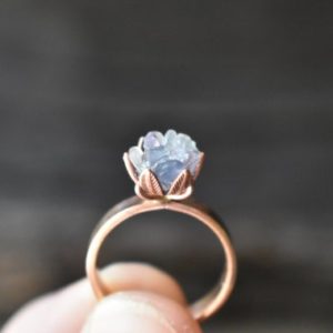 Shop Fluorite Rings! Lotus Flower Ring from Gemologies, A Pastel Palette of Rough Flourite in Pinks, Blues, Purples, Whites, 14K Rose Gold Fill 3mm Wide Band | Natural genuine Fluorite rings, simple unique handcrafted gemstone rings. #rings #jewelry #shopping #gift #handmade #fashion #style #affiliate #ad