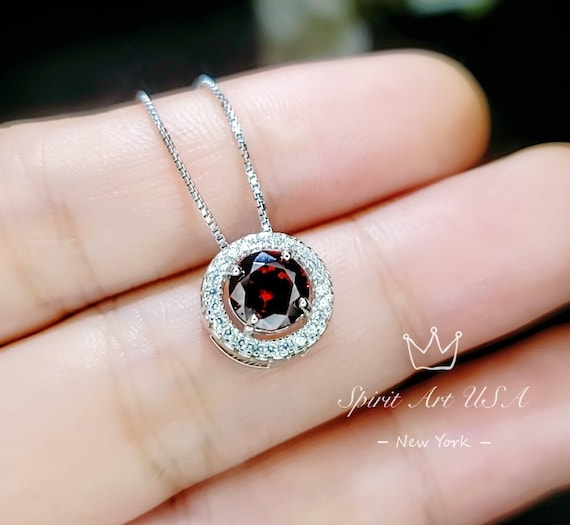 Tiny Red Garnet Necklace Sterling Silver January Birthstone Mini Round Garnet Choker, 925 Minimalist Box Chain Luck Circle Pendant 038