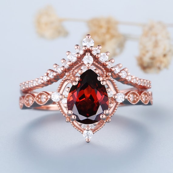 Garnet Ring, Rose Gold Ring, Genuine Gemstone, Red Garnet Engagement Ring, Stacking Ring, January Birthstone, Bridal Set, Garnet Jewelry