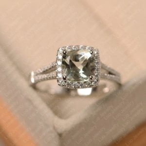 Shop Green Amethyst Jewelry! Green amethyst ring, cushion cut, white gold halo engagement ring | Natural genuine Green Amethyst jewelry. Buy handcrafted artisan wedding jewelry.  Unique handmade bridal jewelry gift ideas. #jewelry #beadedjewelry #gift #crystaljewelry #shopping #handmadejewelry #wedding #bridal #jewelry #affiliate #ad