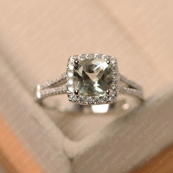 Green Amethyst Ring, Cushion Cut, White Gold Halo Engagement Ring