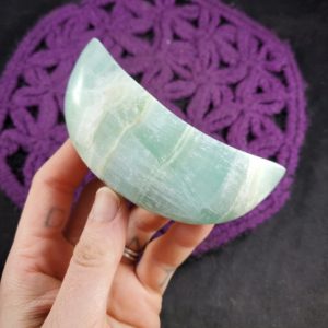 Pistachio Green Calcite Crescent Moon Carving Crystals Magick Stones New Find Starseed polished carved moonchild Banded pakistan
