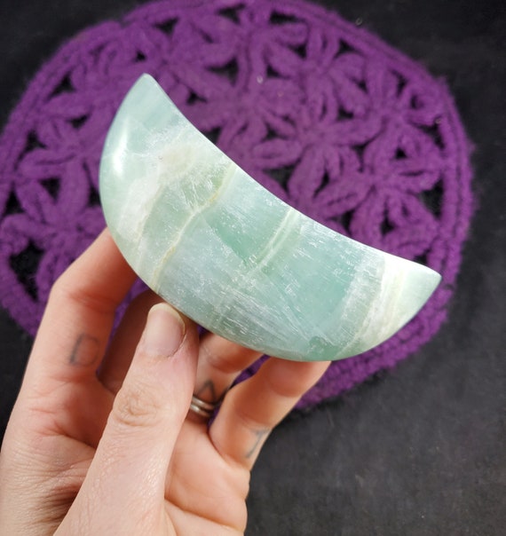 Pistachio Green Calcite Crescent Moon Carving Crystals Magick Stones New Find Starseed Polished Carved Moonchild Banded Pakistan
