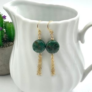 Shop Serpentine Earrings! Green Gemstone Tassel Earrings in 14K Gold Fill, Serpentine Earrings in Gold, Everyday Wear, Ready to Ship | Natural genuine Serpentine earrings. Buy crystal jewelry, handmade handcrafted artisan jewelry for women.  Unique handmade gift ideas. #jewelry #beadedearrings #beadedjewelry #gift #shopping #handmadejewelry #fashion #style #product #earrings #affiliate #ad